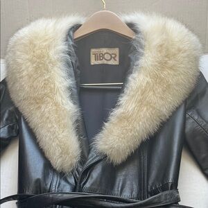 Tibor Black Leather Jacket with Cream Fur Collar